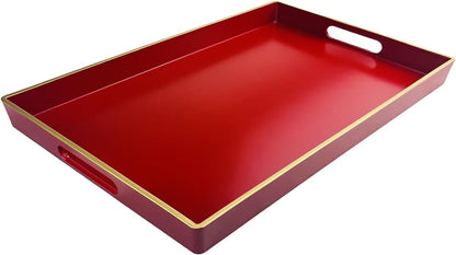 Red Decorative Tray, Rectangular Serving Tray with Handles, Plastic Coffee Table Tray for Ottoman