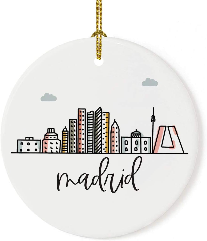Andaz Press Round Ceramic Porcelain Christmas Tree Ornament Keepsake Gift, Madrid, Colorful