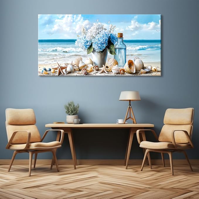 LASMOND Romantic Beach Wall Art for Living Room Blue Shells Conch Vase Canvas Prints Modern Large