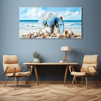LASMOND Romantic Beach Wall Art for Living Room Blue Shells Conch Vase Canvas Prints Modern Large