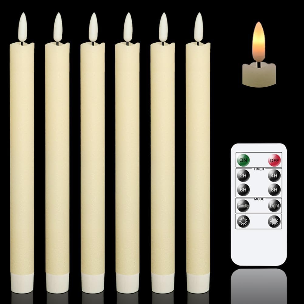 GenSwin Flameless Ivory Taper Candles Flickering with 10-Key Remote, Battery Operated Led Warm 3D