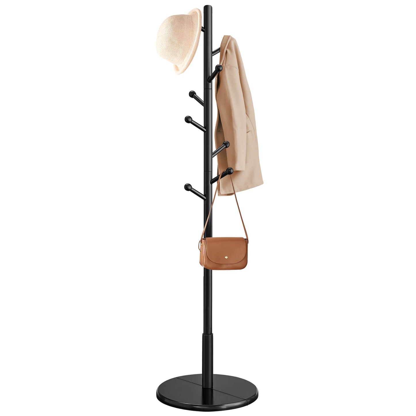 VASAGLE Solid Wood Coat Rack, Free Standing Hall Coat Tree with 8 Hooks, 3 Height Options, for