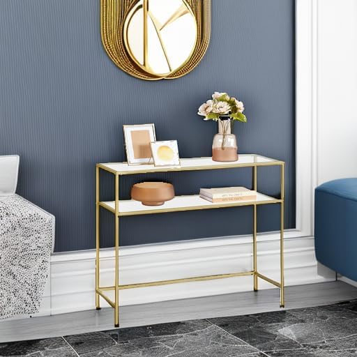 VASAGLE 39.4 Inch Console Sofa Table, Modern Entryway Table, Tempered Glass Table, Metal Frame, 2