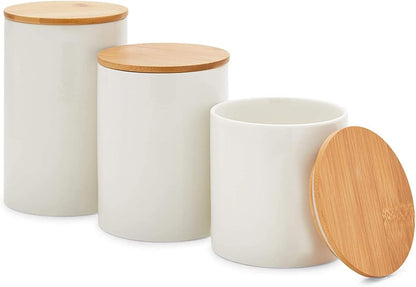 Farmlyn Creek Set of 3 White Ceramic Canisters with Airtight Wooden Bmaboo Lids - Kitchen Counter