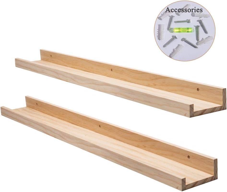 AZSKY Floating Shelves Wall Mounted Set of 2 Natural Wood Picture Shelves Wall Shelves for Bedroom