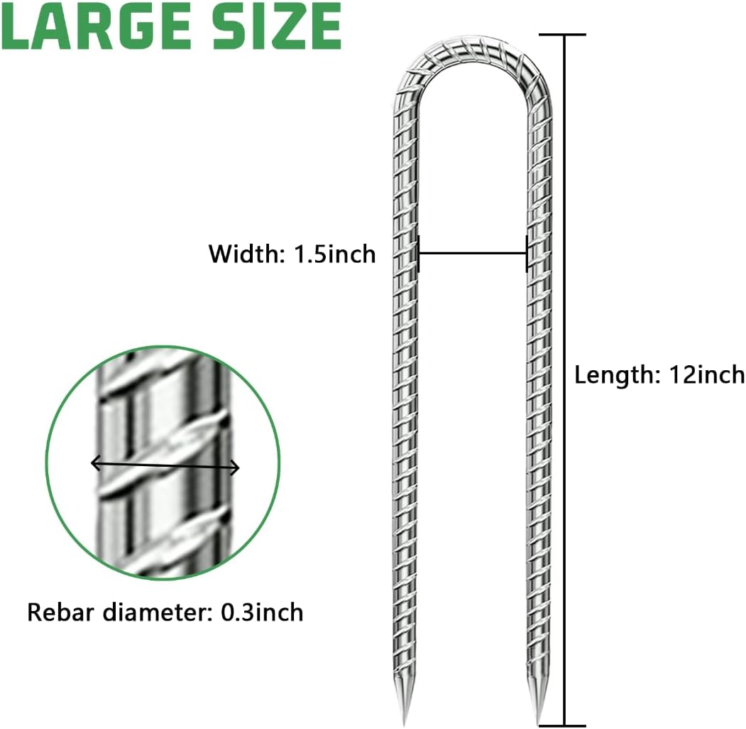 Rebar-Stakes-12-Inch, Ground Stakes Heavy Duty U-Hook Galvanized Anti-Rust Ground Anchors for