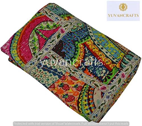 YUVANCRAFTS Patchwork Cotton Kantha Quilt - Indian Traditional Handmade Bedding Vintage Multi Color