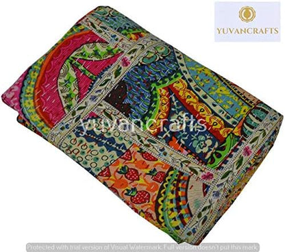 YUVANCRAFTS Patchwork Cotton Kantha Quilt - Indian Traditional Handmade Bedding Vintage Multi Color
