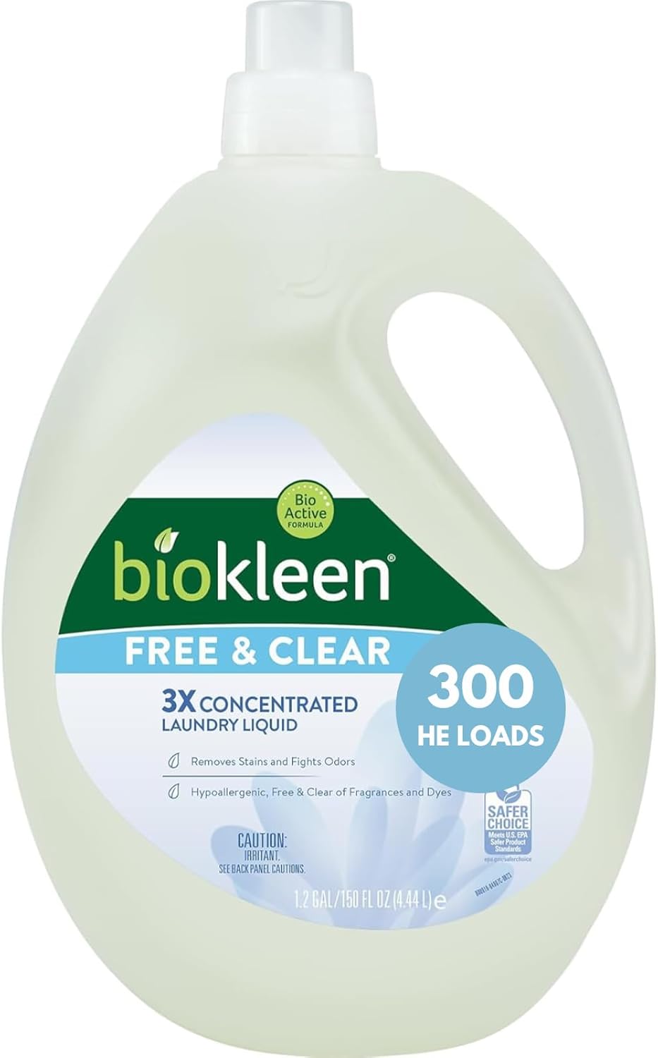 Biokleen Free & Clear Natural 3X Concentrated Liquid Laundry Detergent, 300 Loads, Plant-Based