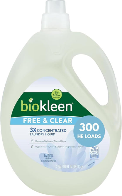 Biokleen Free & Clear Natural 3X Concentrated Liquid Laundry Detergent, 300 Loads, Plant-Based