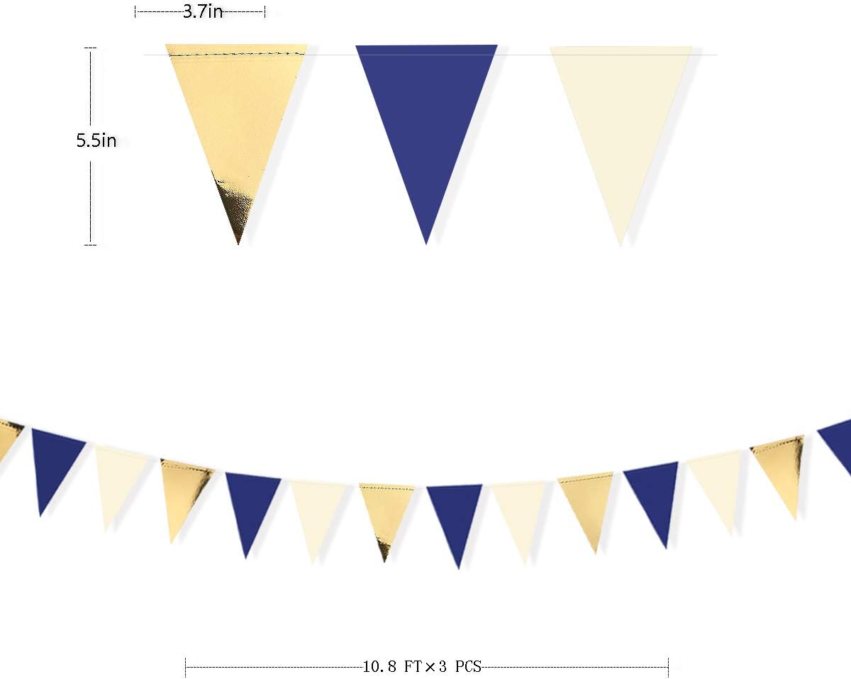 30Ft Navy Blue Gold and Beige Party Decorations Royal Blue Gold Triangle Flag Pennant Banner