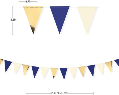 30Ft Navy Blue Gold and Beige Party Decorations Royal Blue Gold Triangle Flag Pennant Banner