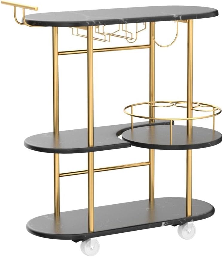Black Bar Carts with 4-Tier Storage Shelves, Mobile Bar Serving Cart with Wine Rack and Glass