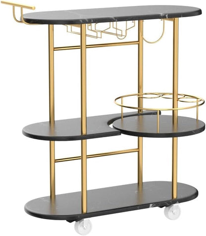 Black Bar Carts with 4-Tier Storage Shelves, Mobile Bar Serving Cart with Wine Rack and Glass