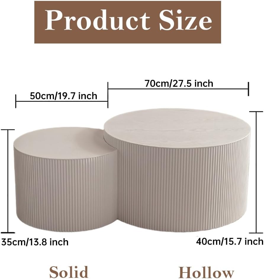 Round Nesting Coffee Table Set of 2 Modern Cream Fluted Coffee Table Small Round End Table Crescent