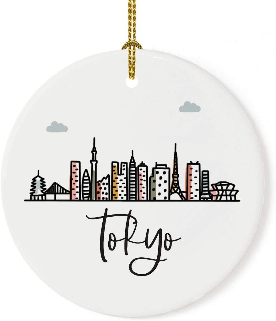 Andaz Press Round Ceramic Porcelain Christmas Tree Ornament Keepsake Gift, Tokyo, Colorful