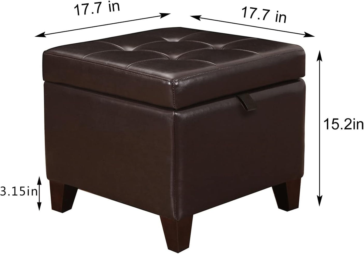 Adeco 15.2" Modern Brown Faux Leather Storage Ottoman with Tufted Flip Top for Living Room, Tufted