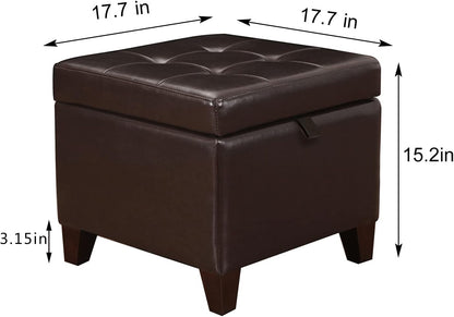 Adeco 15.2" Modern Brown Faux Leather Storage Ottoman with Tufted Flip Top for Living Room, Tufted