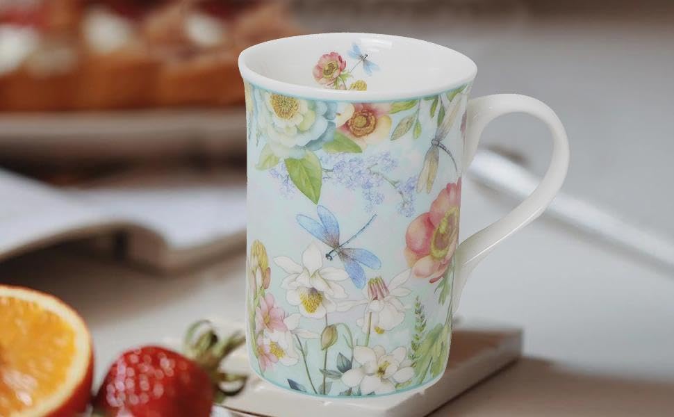 Lightahead Elegant Bone China Two Coffee Mugs Set in Floral Design 10.8 oz Each Cup in Attractive