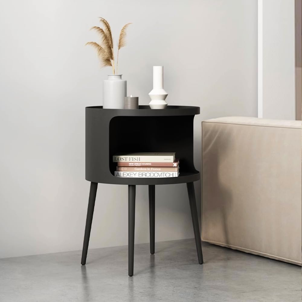 Modern Side Table,Round end Table with Open Storage,Metal nightstand,Bedside Table for Living