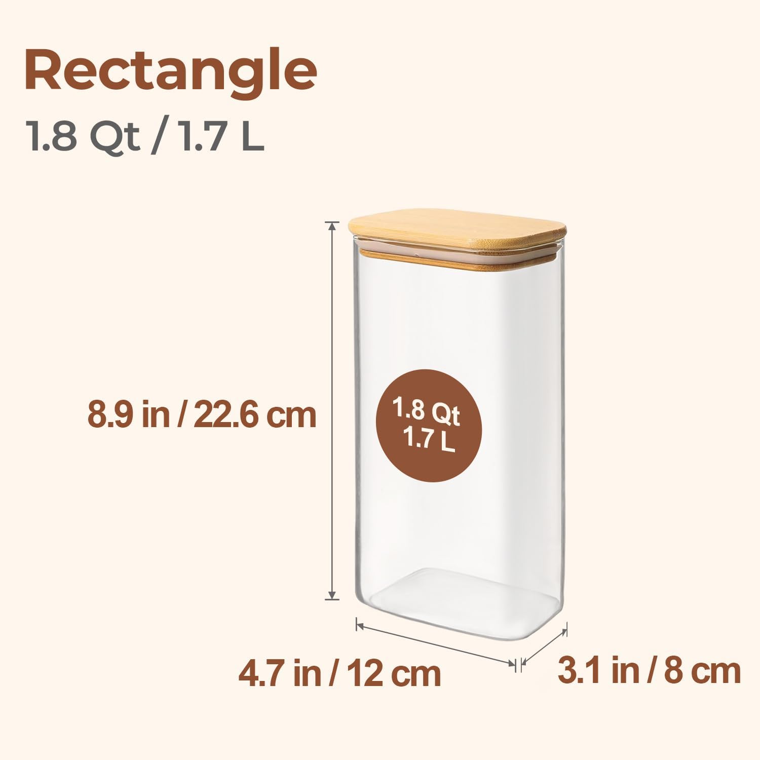 ComSaf 1.8 Qt Rectangle Glass Storage Containers with Lids, Glass Jars with Bamboo Lids, Clear Food