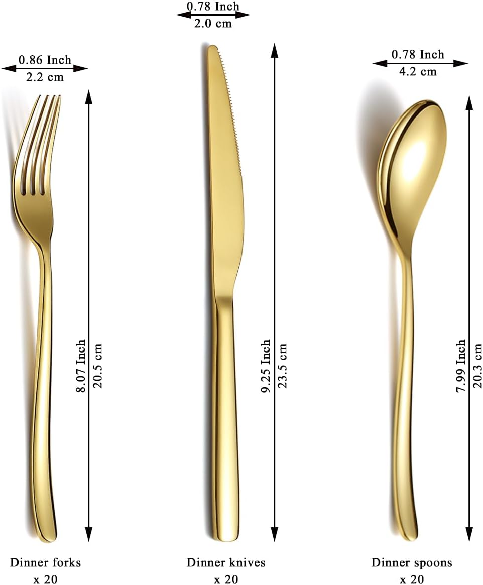 Berglander Gold Wedding Silverware Set 60pcs Service for 20, Titanium Plating Stainless Steel