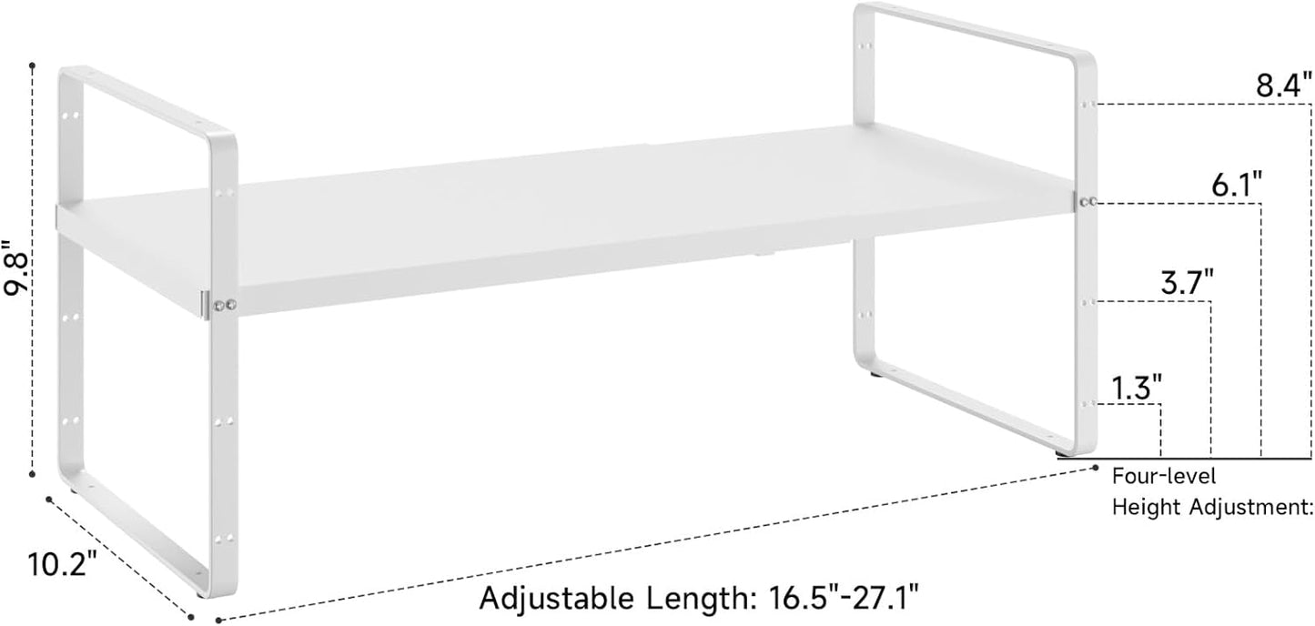16.5~27.1" Expandable Shelf Organizer, 2Pack 10.2" Wide Stackable Cabinet Shelf Organizers, White