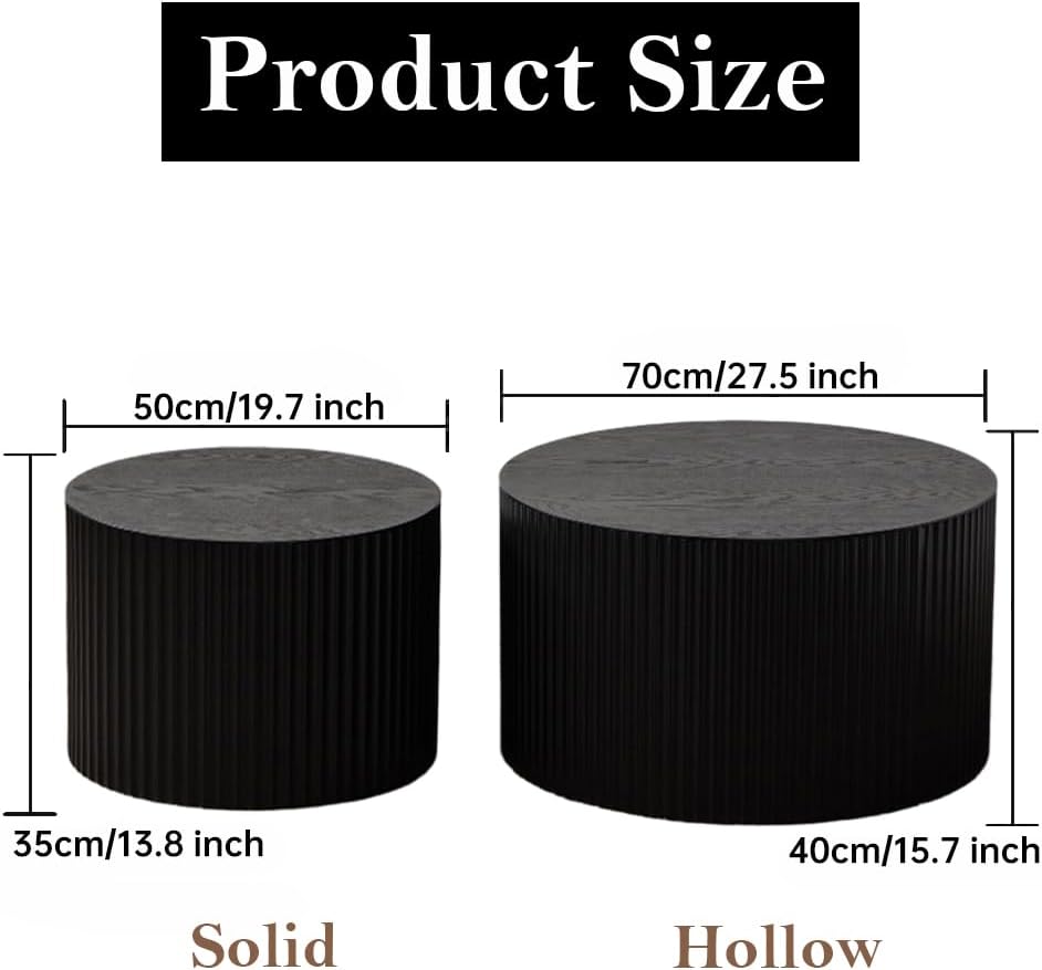 Black Nesting Coffee Table Set of 2 Modern Round Fluted Coffee Table Small Round End Table Side
