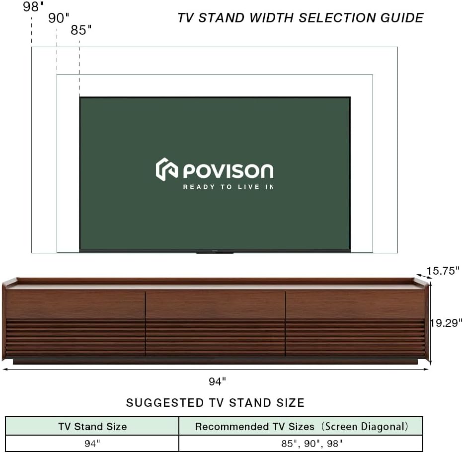 POVISON Fully-Assembled Mid Century Modern TV Stand, 94.49" Wood Media Console with Adjustable LED