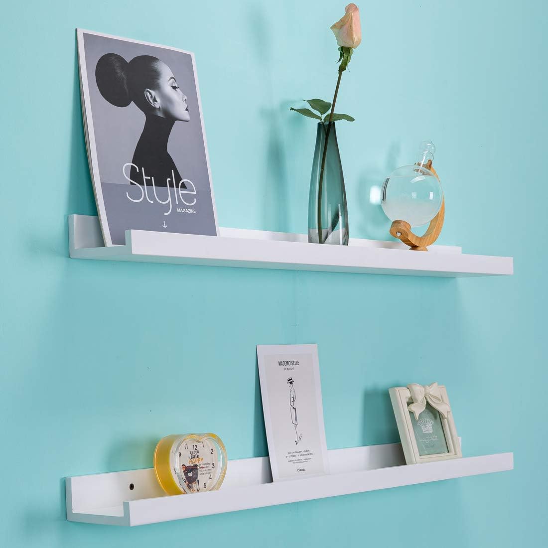 AZSKY 48 Inch White Picture Ledge Shelf Long Floating Shelves Set of 2 Wall Picture Shelf Pine