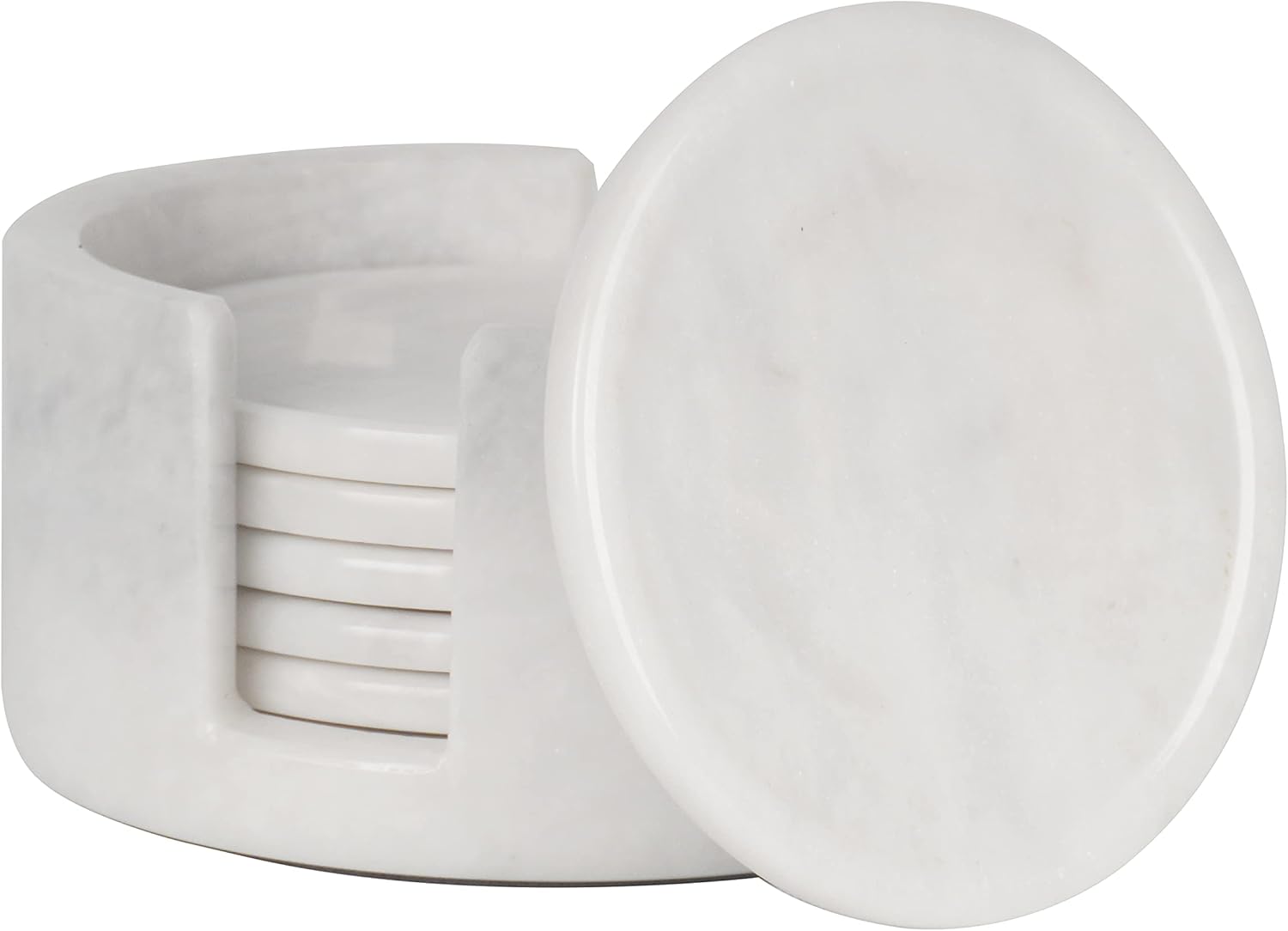 Marble Coasters Set of 6 White 3.5 Inch Round Coaster for Drinks with Holder, Drink Coaster for