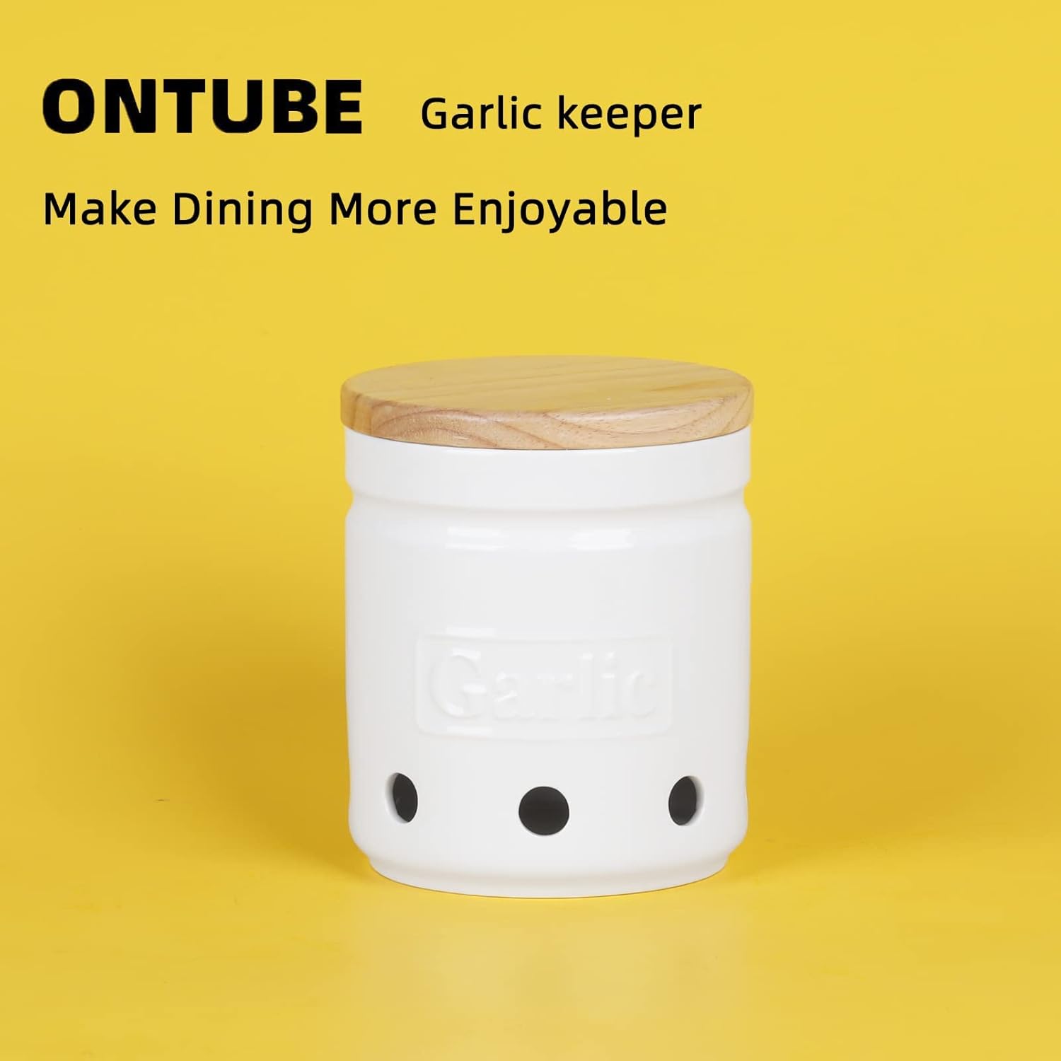 Large Garlic Keeper with Wooden Lid, Ceramic Garlic Holder Storage, Garlic Container for Kitchen
