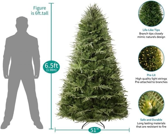 Naomi Home 6.5ft Christmas Tree with Lights, Realistic Prelit with Hinged Design with Foot Pedal