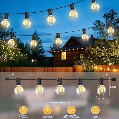 50FT G40 LED String Lights with 25 Shatterproof Bulbs (2 Spares), E12 Sockets, 2700K Warm White