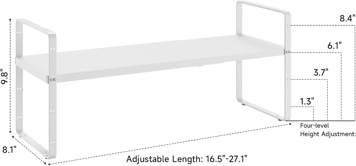 16.5~27.1" Expandable Shelf Organizer, 2Pack 8.1" Wide Stackable Cabinet Shelf Organizers, White