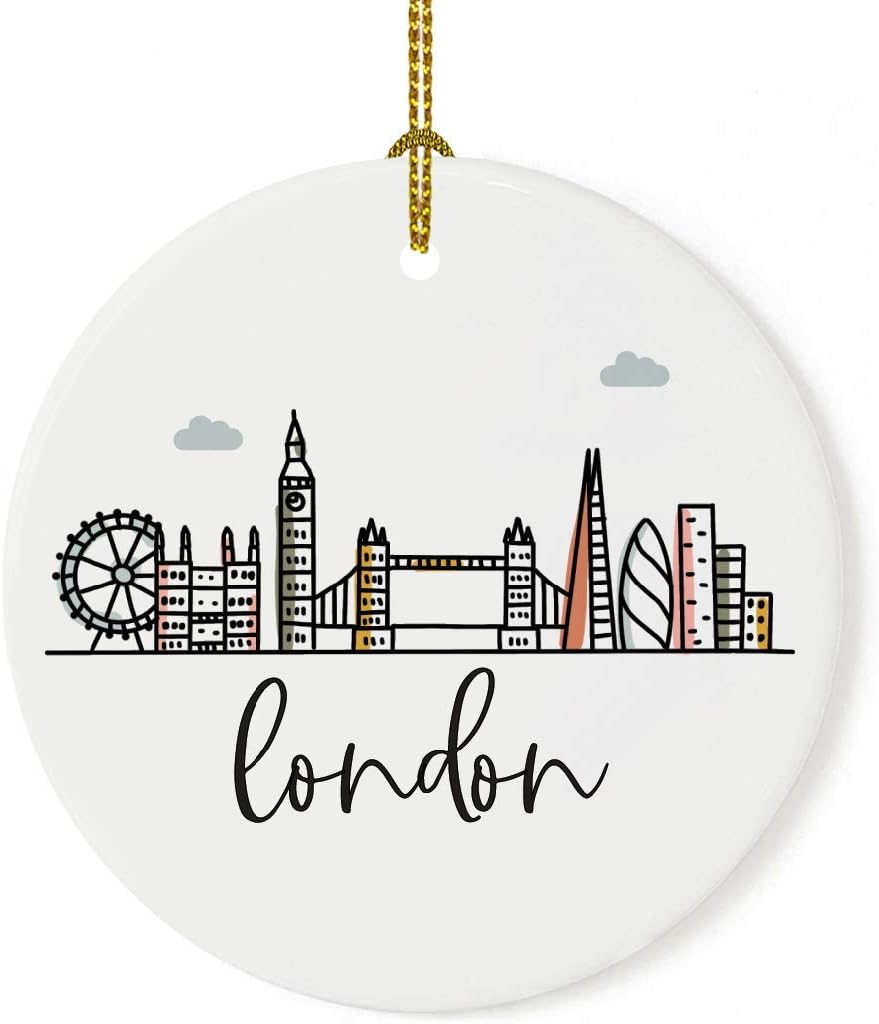 Andaz Press Round Ceramic Porcelain Christmas Tree Ornament Keepsake Gift, London, Colorful