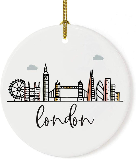 Andaz Press Round Ceramic Porcelain Christmas Tree Ornament Keepsake Gift, London, Colorful