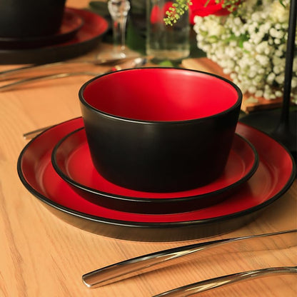 Stone Lain Albie Stoneware 32 Piece Dinnerware Set, Plates and Bowls Sets, Dish Set for 8, Red and