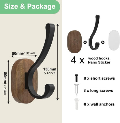 Wall Hooks for Hanging Coats - 4 Pack Coat Hooks Wall Mounted, Wood Coat Hooks for Wall, Bussdis