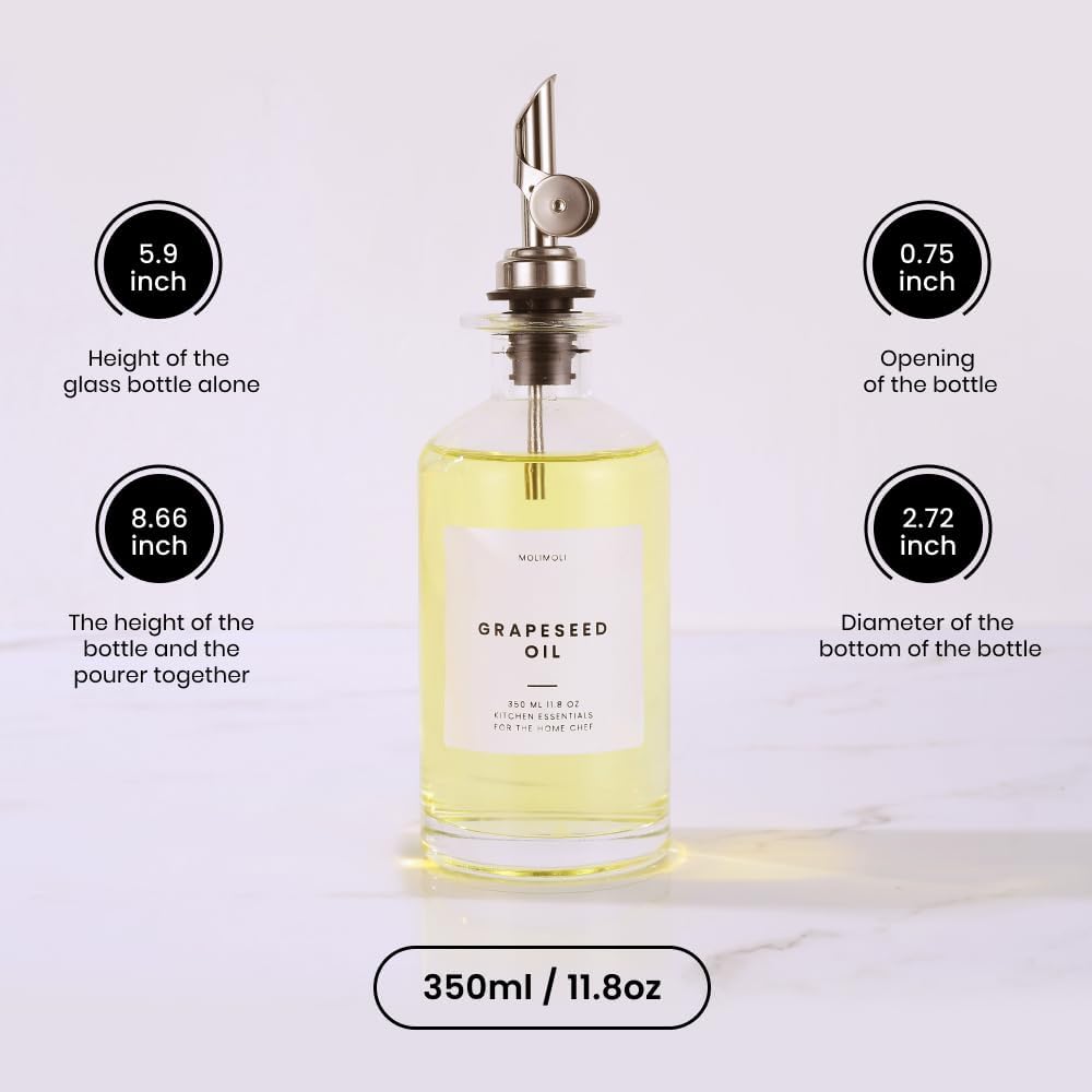 Molimoli Olive Oil Dispenser Bottle for Kitchen, Oil Dispenser w. Weighted Pourer, Glass Bottle