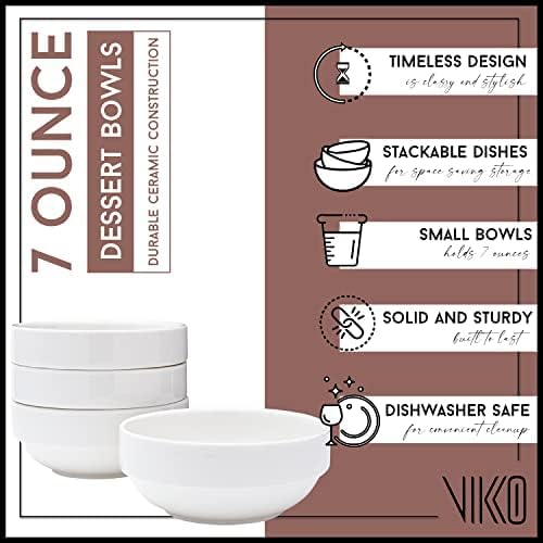 Vikko Small 7 Ounce White Bowl, Set of 4 White Dessert Bowls, Fine Porcelain, Stackable Small Snack