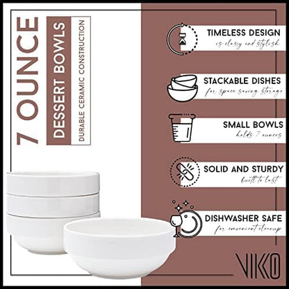 Vikko Small 7 Ounce White Bowl, Set of 4 White Dessert Bowls, Fine Porcelain, Stackable Small Snack