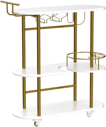 Gold Bar Carts with 4-Tier Storage Shelves, Mobile Bar Serving Cart with Wine Rack and Glass