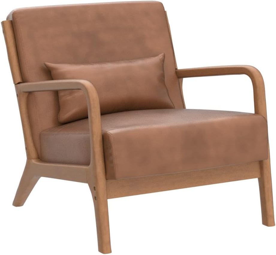 INZOY Mid Century Modern Accent Chair with Wood Frame, PU Leather Reading Armchair with Waist