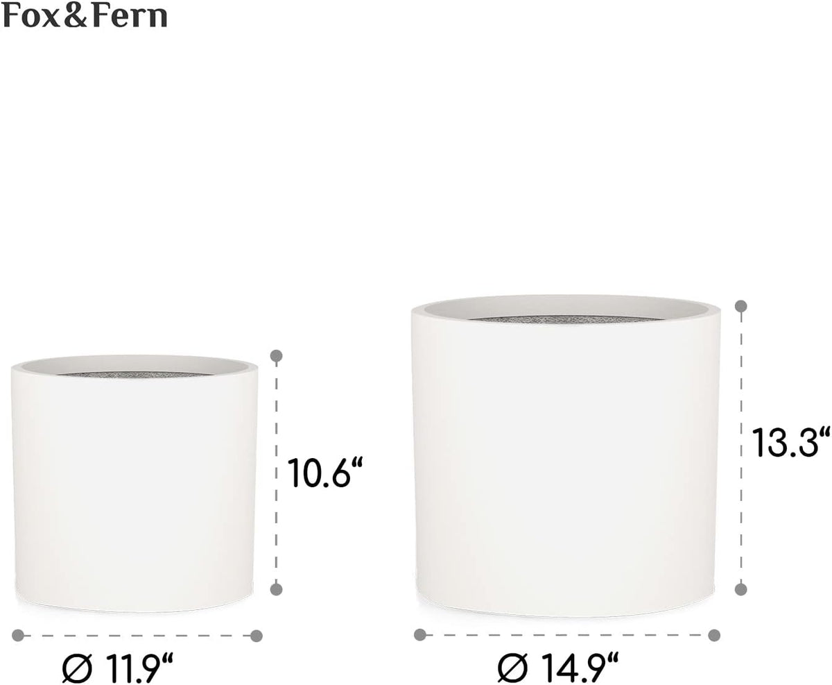 Fox & Fern 12" & 14.6" Large Planters (Set of 2) — Premium Lightweight Fiberstone Matte White Plant