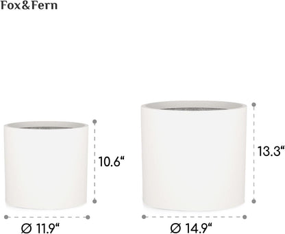 Fox & Fern 12" & 14.6" Large Planters (Set of 2) — Premium Lightweight Fiberstone Matte White Plant