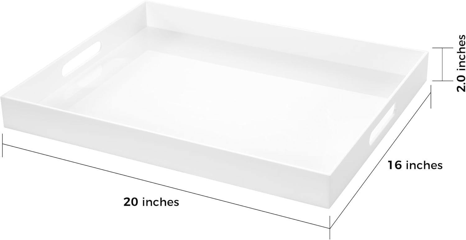 White Rectangular 16x20 Inches Acrylic Ottoman Tray Decorative Serving Tray with Cutout Handles