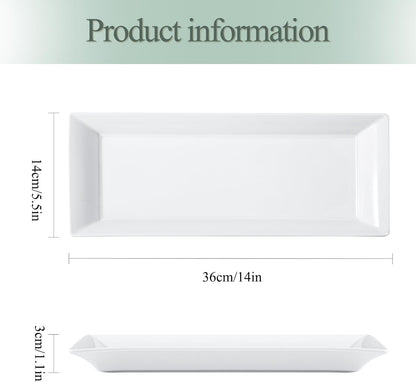 Rectangular Ceramic Serving Platters Set of 4, 14 inch Large Porcelain Serving Plates, White