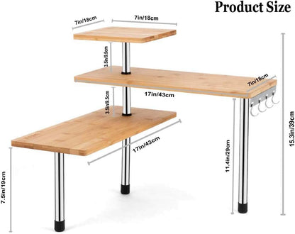 HYNAWIN Corner Shelf, 3 Tier Bamboo & Metal Storage Spice Rack-Desk, Space Saving Bookshelf with