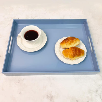 Light Blue Decorative Tray, Rectangular Large Serving Tray with Handles, Plastic Coffee Table Tray
